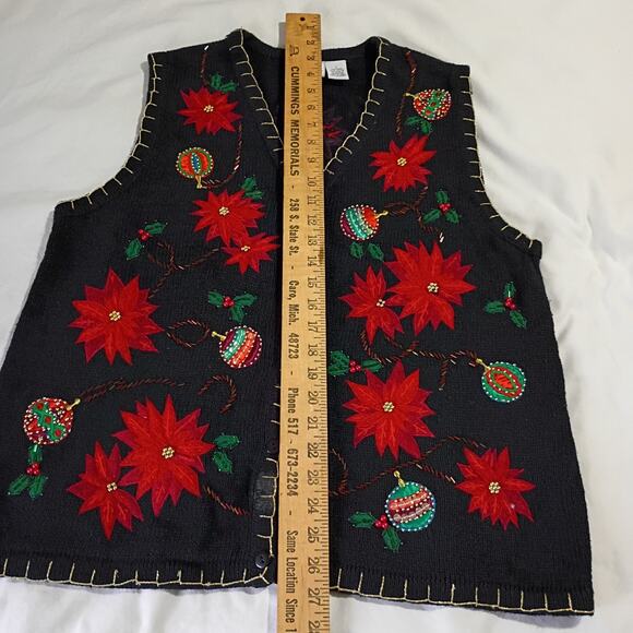 Ugly Christmas Sweater Vest Large Poinsettias Beaded Ornaments Kim Rogers Black - Picture 14 of 15